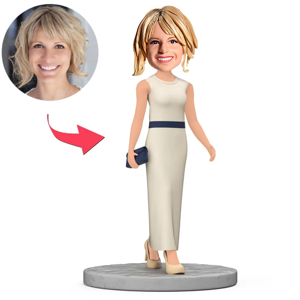 Fashionable Woman in White Dress Custom Bobbleheads