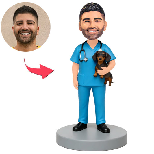 Veterinarian in Surgical Gown Holding Dog Custom Bobbleheads
