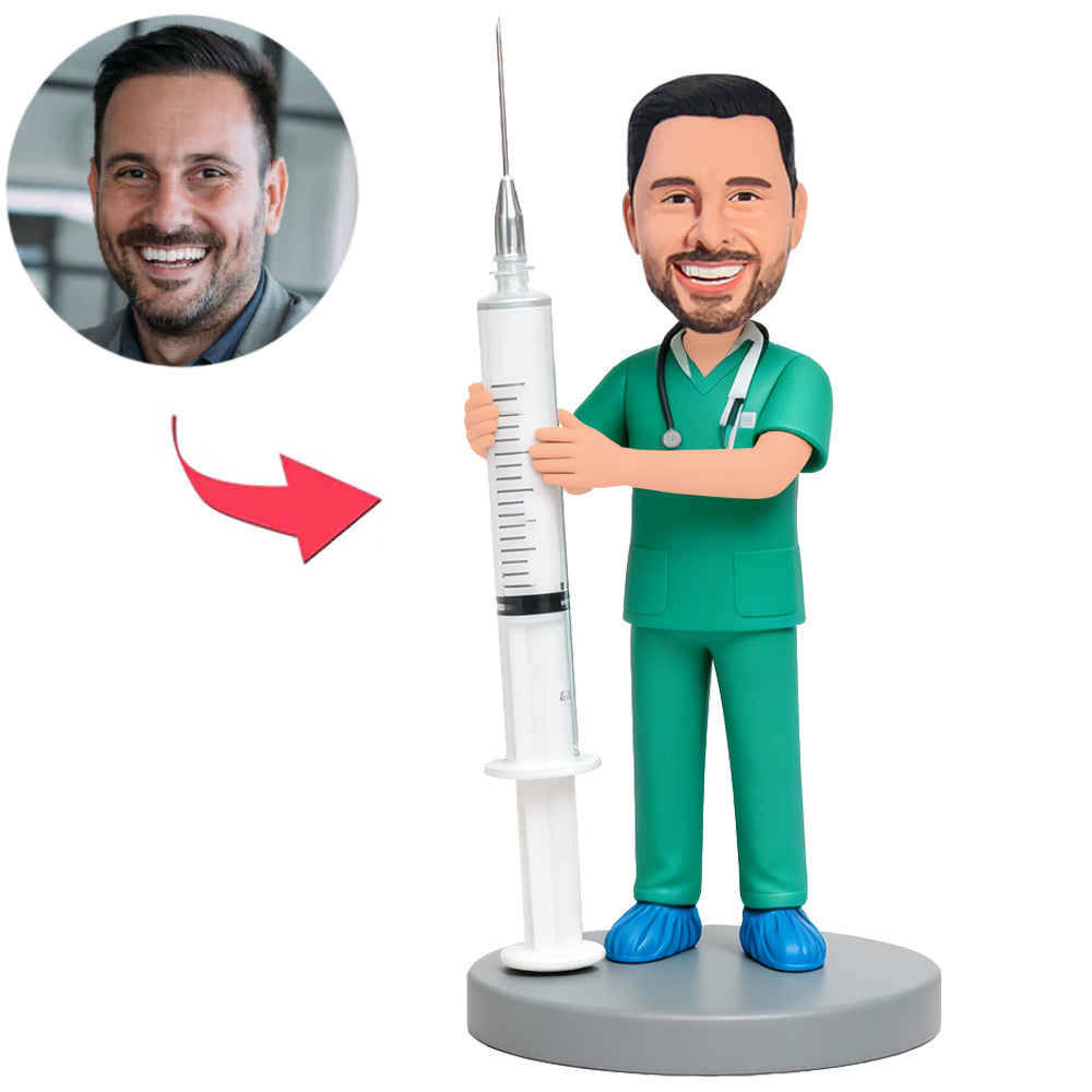 Anesthetist Male Doctor Holding Large Syringe Custom Bobbleheads