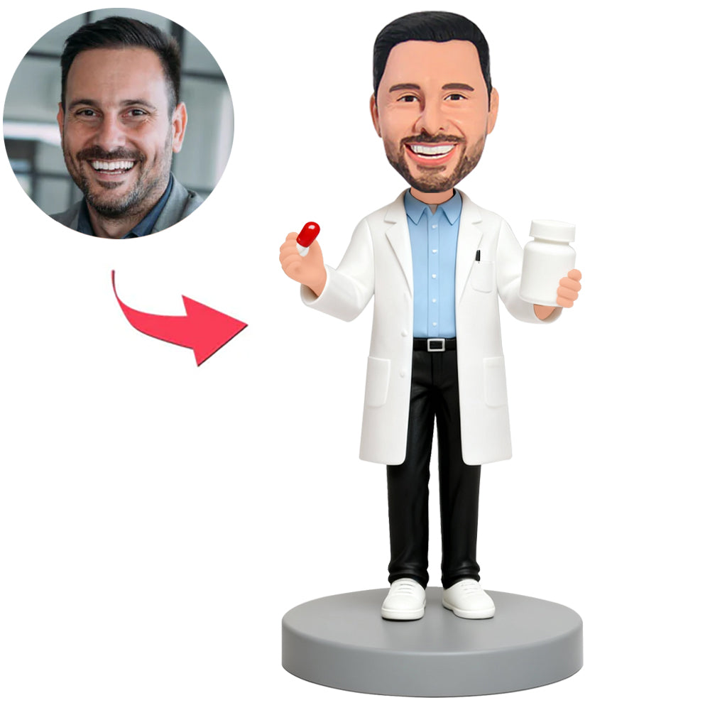 Pharmacist Doctor in White Coat Holding Medicine Bottle Custom Bobbleheads