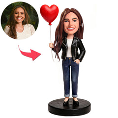 Cool Girl Holding A Heart Balloon Custom Bobbleheads