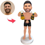 Boxer With Championship Belts on Shoulders Custom Bobbleheads Add Text