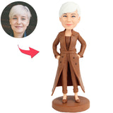 Fashionable Woman in Brown Trench Coat Suit Custom Bobbleheads