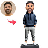 Casual Man Wearing Dark Blue Hoodie Custom Bobbleheads