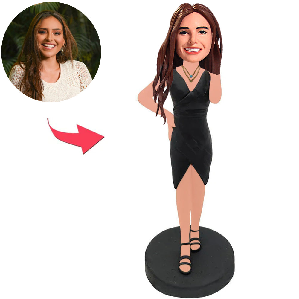 Woman in Black Dress with Necklace Custom Bobbleheads