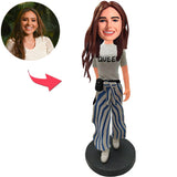 Stylish Woman In Striped Pants Custom Bobbleheads With Engraved Text