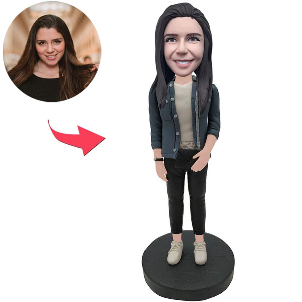 Stylish Girl in Grey Coat Custom Bobbleheads