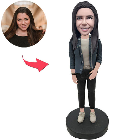Stylish Girl in Grey Coat Custom Bobbleheads