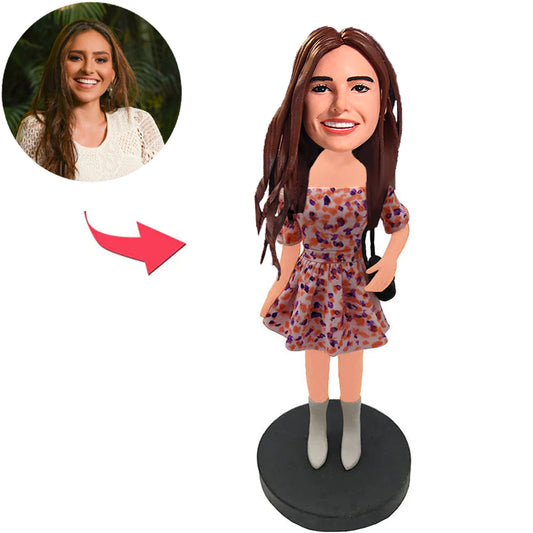 Fashion Girl Wearing Colorful Spotted Skirt Custom Bobbleheads