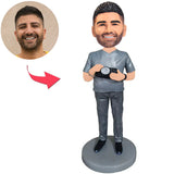 Man Holding Camera Custom Bobbleheads With Engraved Text