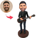 Cool Black Suit Man Play the Guitar Custom Bobbleheads Add Text