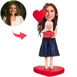 Beautiful Girl Holding a Gift Box and a Love Heart Custom Bobbleheads Add Text
