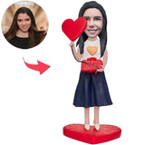 Beautiful Girl Holding a Gift Box and a Love Heart Custom Bobbleheads Add Text