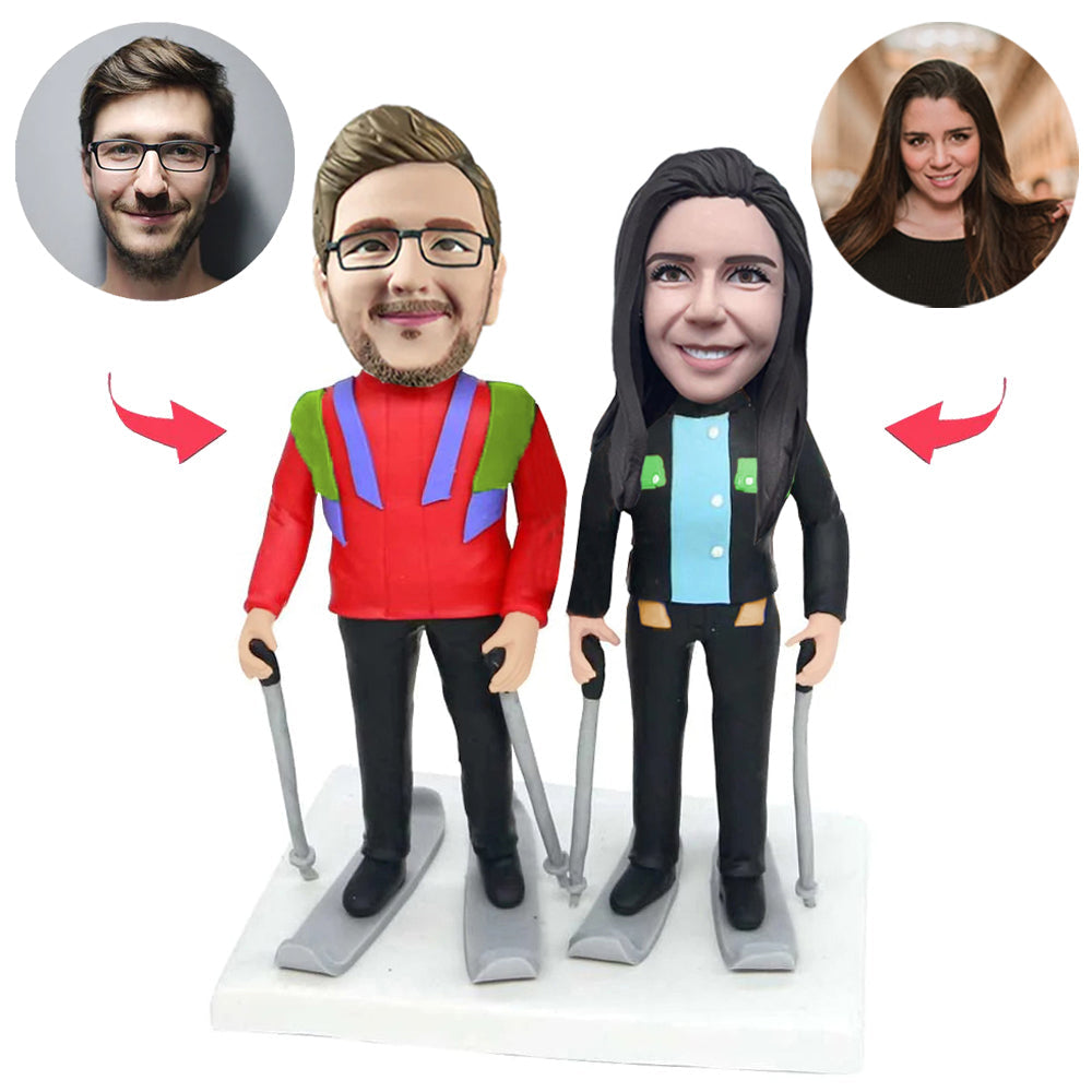 On Skis Happy Couple Custom Bobblehead With Engraved Text