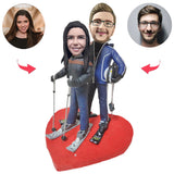 Heart Skiing Happy Couple Custom Bobblehead With Engraved Text