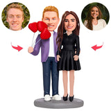 Holding Three Heart Balloon Couple Custom Bobblehead With Engraved Text