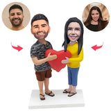 Casual Love Heart Couple Custom Bobblehead With Engraved Text
