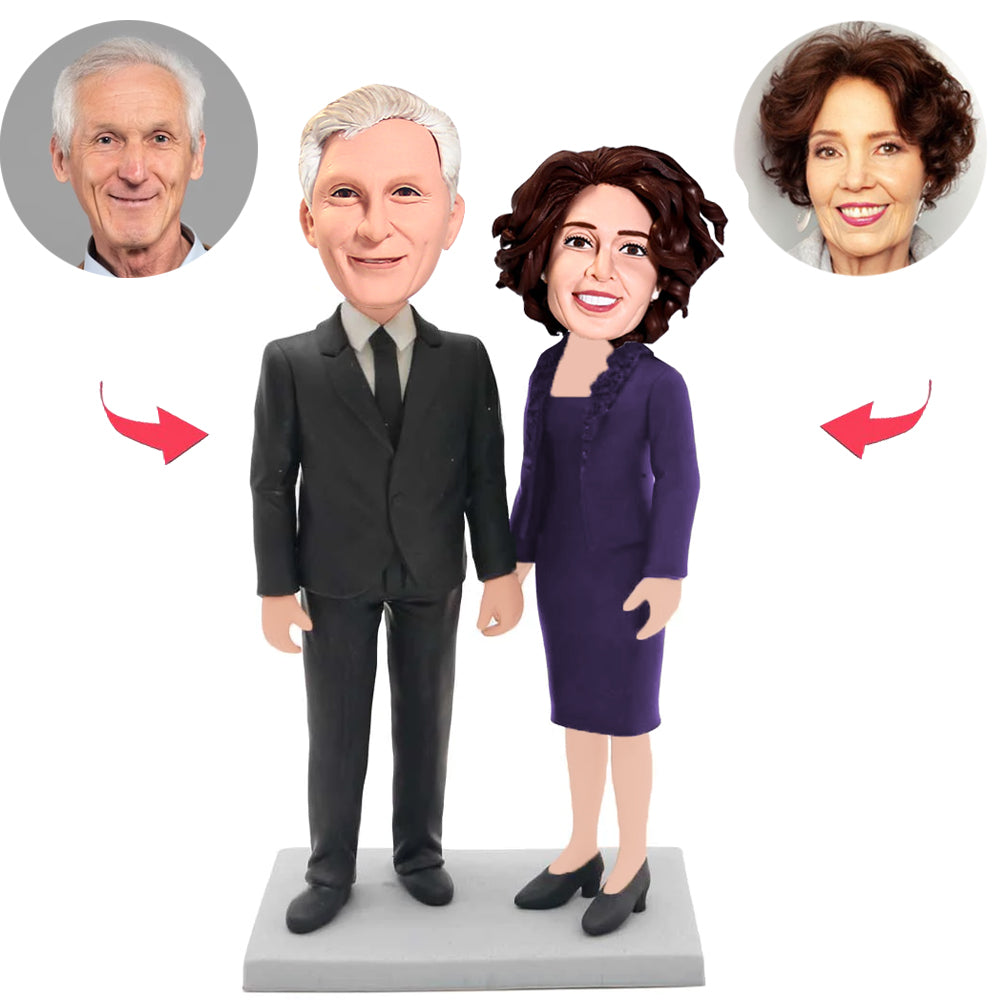 Formally Dressed Elderly Couple Custom Bobblehead With Engraved Text