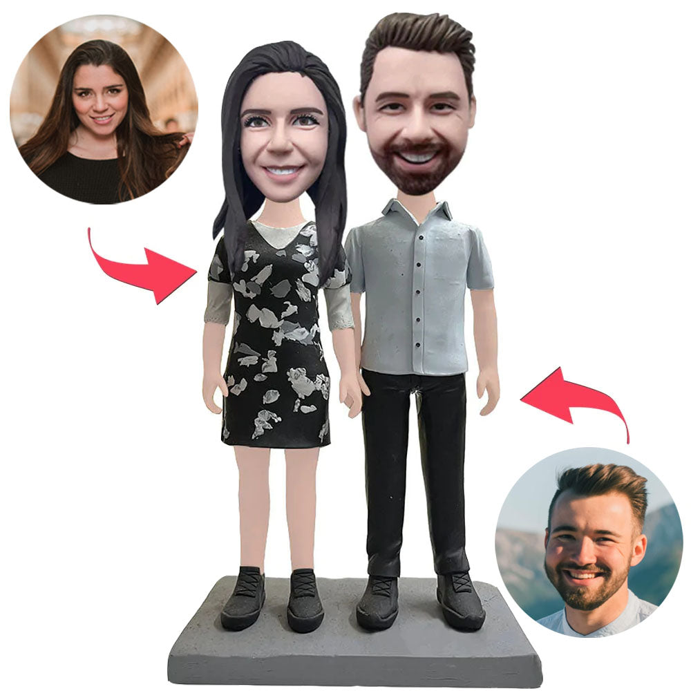 Happy Casual Couple Custom Bobblehead With Engraved Text