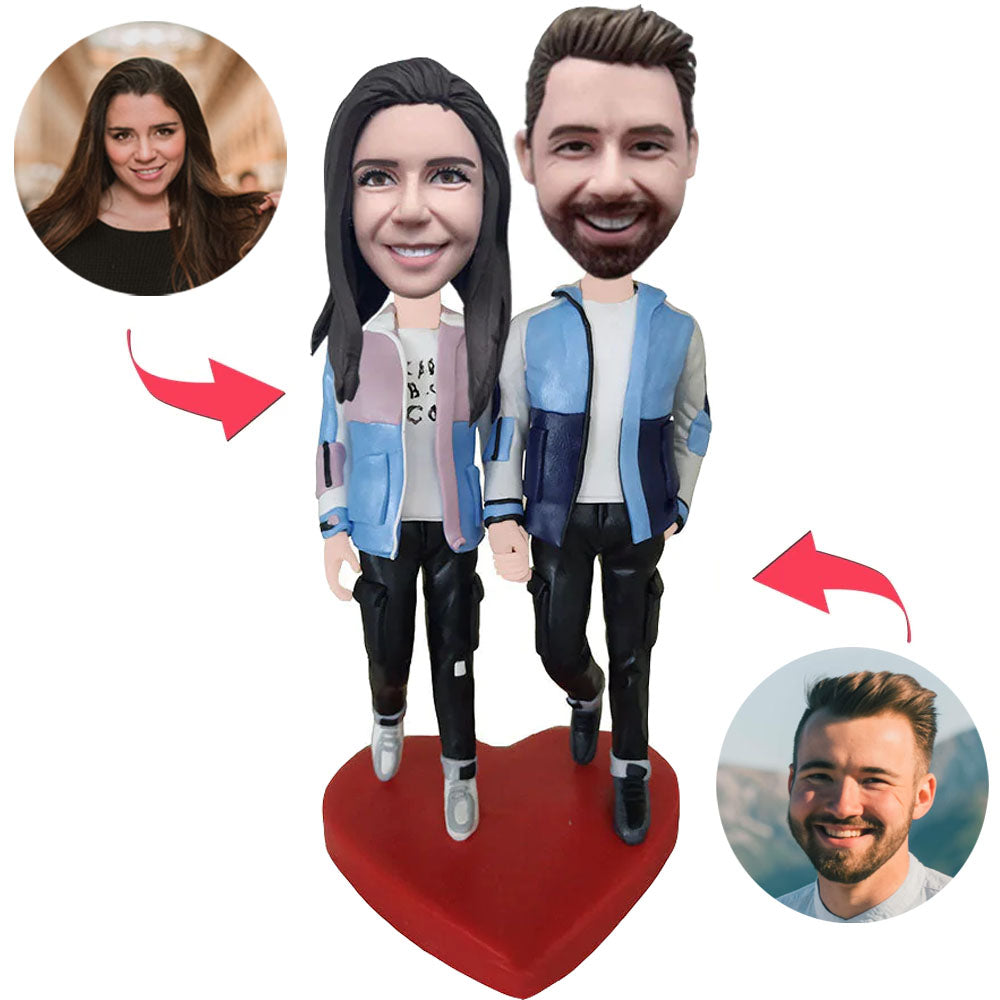 Couple In Casual Couple Clothes Custom Bobblehead With Engraved Text