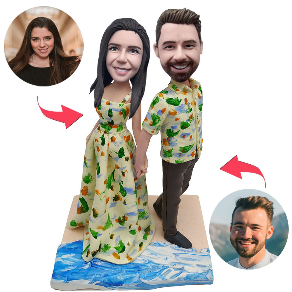 Custom Bobbleheads Happy Couple Standing By The Beach Add Text