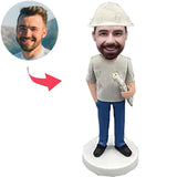 Engineering Team Leader Holding Blueprints Custom Bobbleheads Add Text With White Safety Helmet