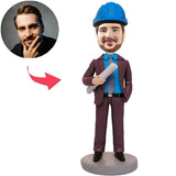 Engineer Holding Blueprints Custom Bobbleheads Add Text With Blue Safety Helmet