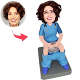 Female Doctor Sitting on The Toilet Custom Bobbleheads Add Text