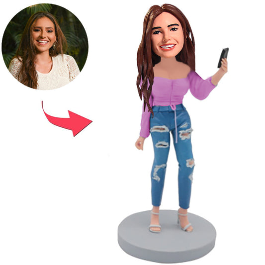 Taking Selfie Phone Woman Custom Bobbleheads