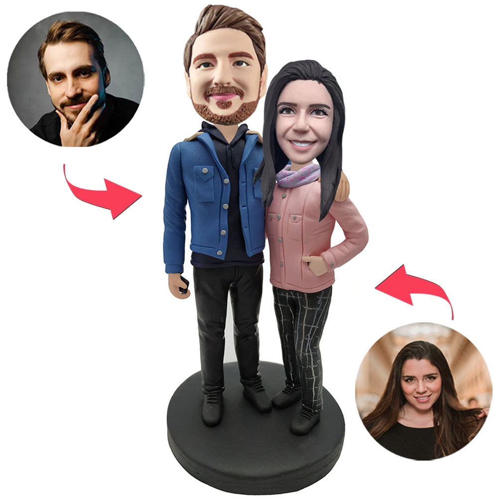 Couple Outdoors in Winter Custom Bobblehead With Engraved Text