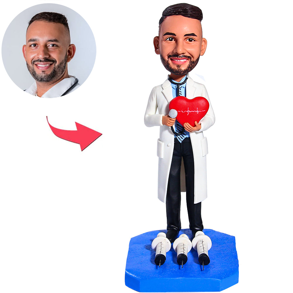 Doctor Holding Stethoscope Diagnosing And Needle Custom Bobbleheads Add Text