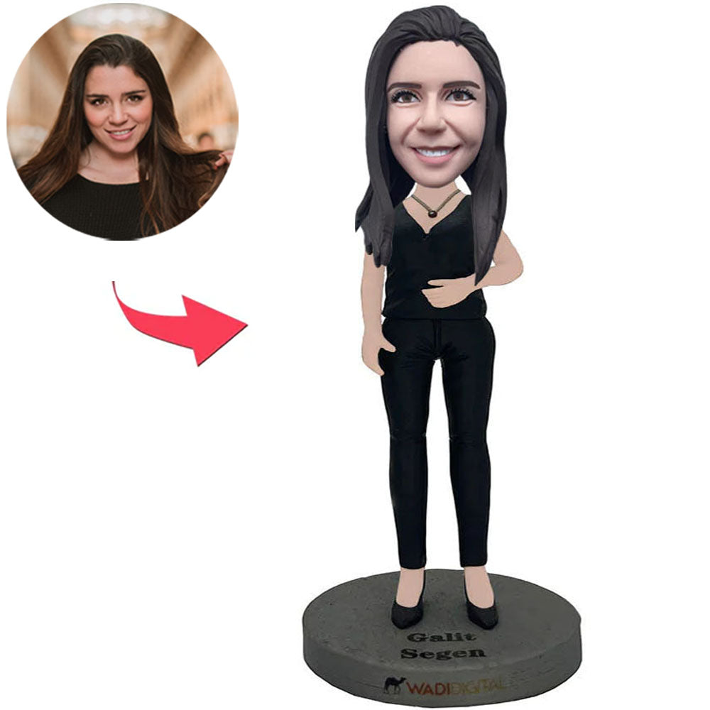 Black Suit Female Custom Bobbleheads With Engraved Text