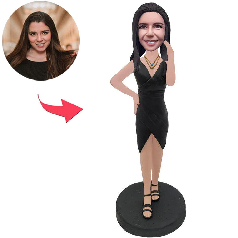 Woman In Black Dress With Necklace Custom Bobbleheads