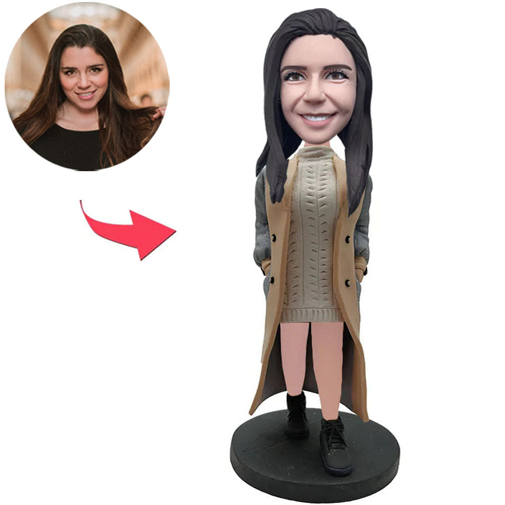 Woman In Trench Coat Custom Bobbleheads With Engraved Text