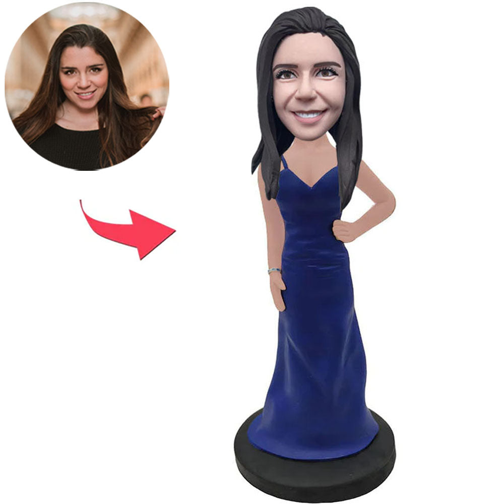 Casual Woman In Blue Dress Custom Bobbleheads With Engraved Text