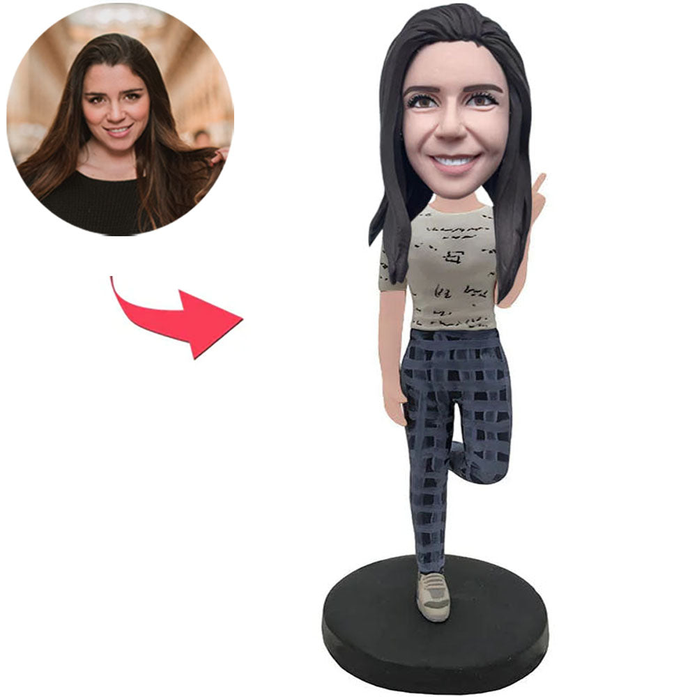 Happy Woman Jumping On One Leg Custom Bobbleheads With Engraved Text