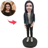 Stylish Girl In Grey Coat Custom Bobbleheads With Engraved Text