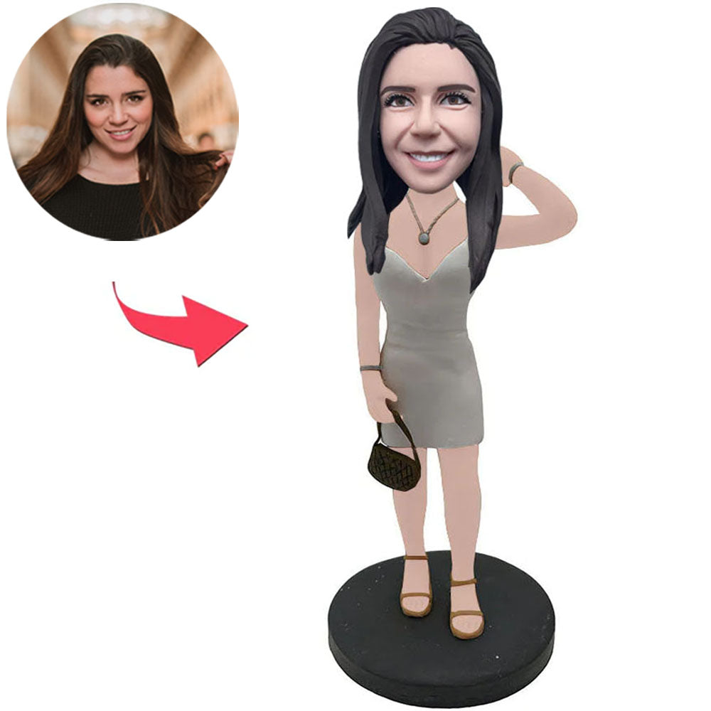 Girl In Grey Dress With Bag Custom Bobbleheads With Engraved Text