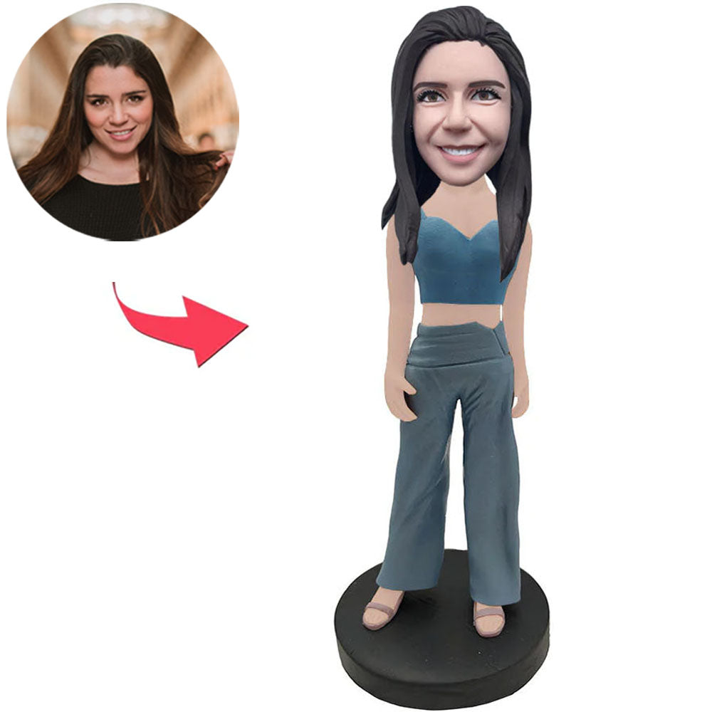 Temperament Woman In Blue Pants Custom Bobbleheads With Engraved Text