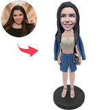 Fashion Girl In Blue Coat Custom Bobbleheads With Engraved Text