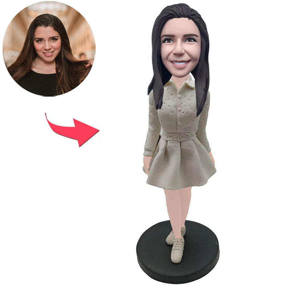 Fashion Girl In Grey Dress Custom Bobbleheads With Engraved Text