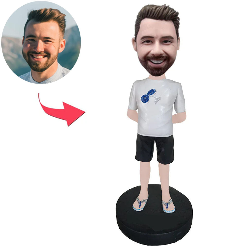 Casual Man In Slippers Custom Bobbleheads With Engraved Text