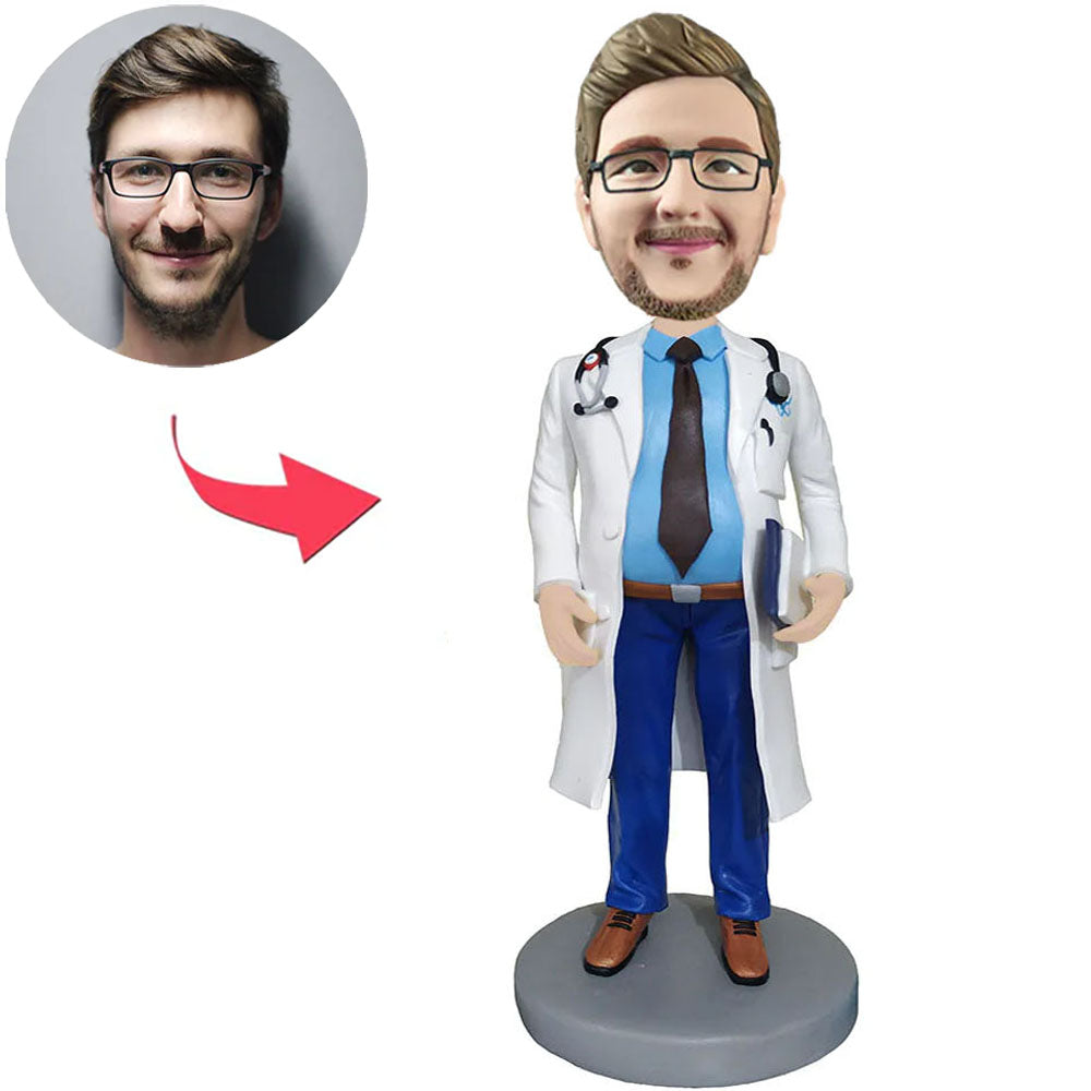 Male Doctor In White Coat And Stethoscope Custom Bobbleheads With Engraved Text