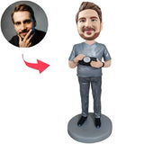 Man Holding Camera Custom Bobbleheads With Engraved Text