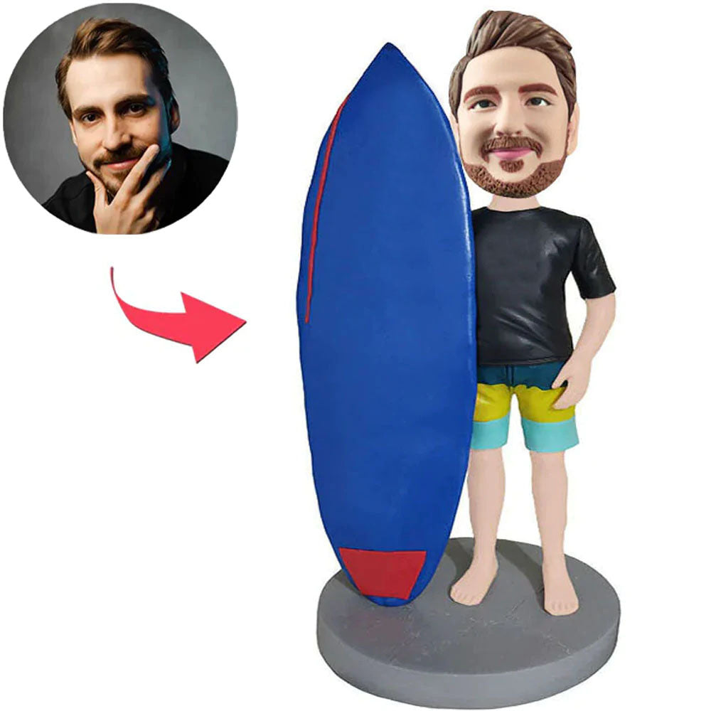 Man With Blue Surfboard Custom Bobbleheads With Engraved Text