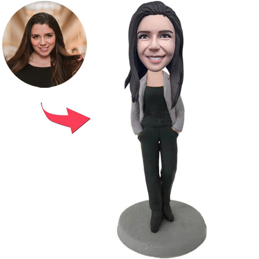 Beautiful Woman with Hands in Pockets Custom Bobbleheads Add Text