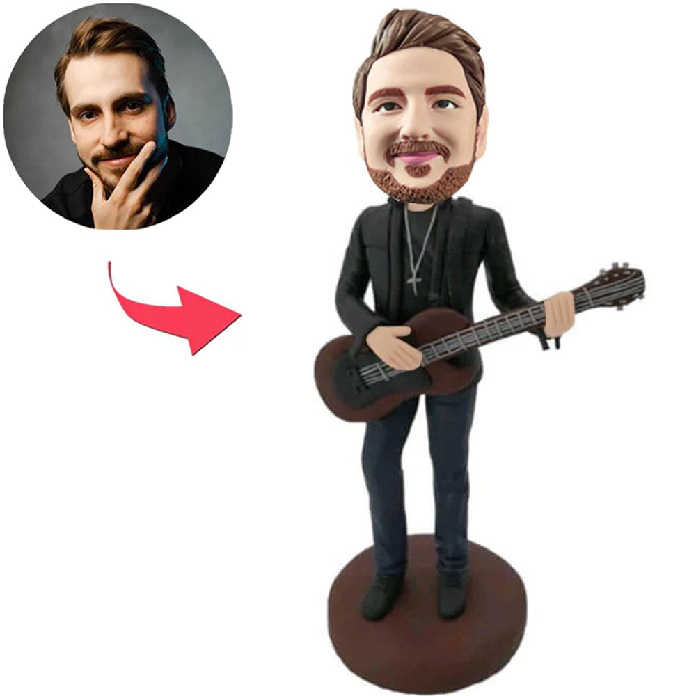 Cool Black Suit Man Play the Guitar Custom Bobbleheads Add Text