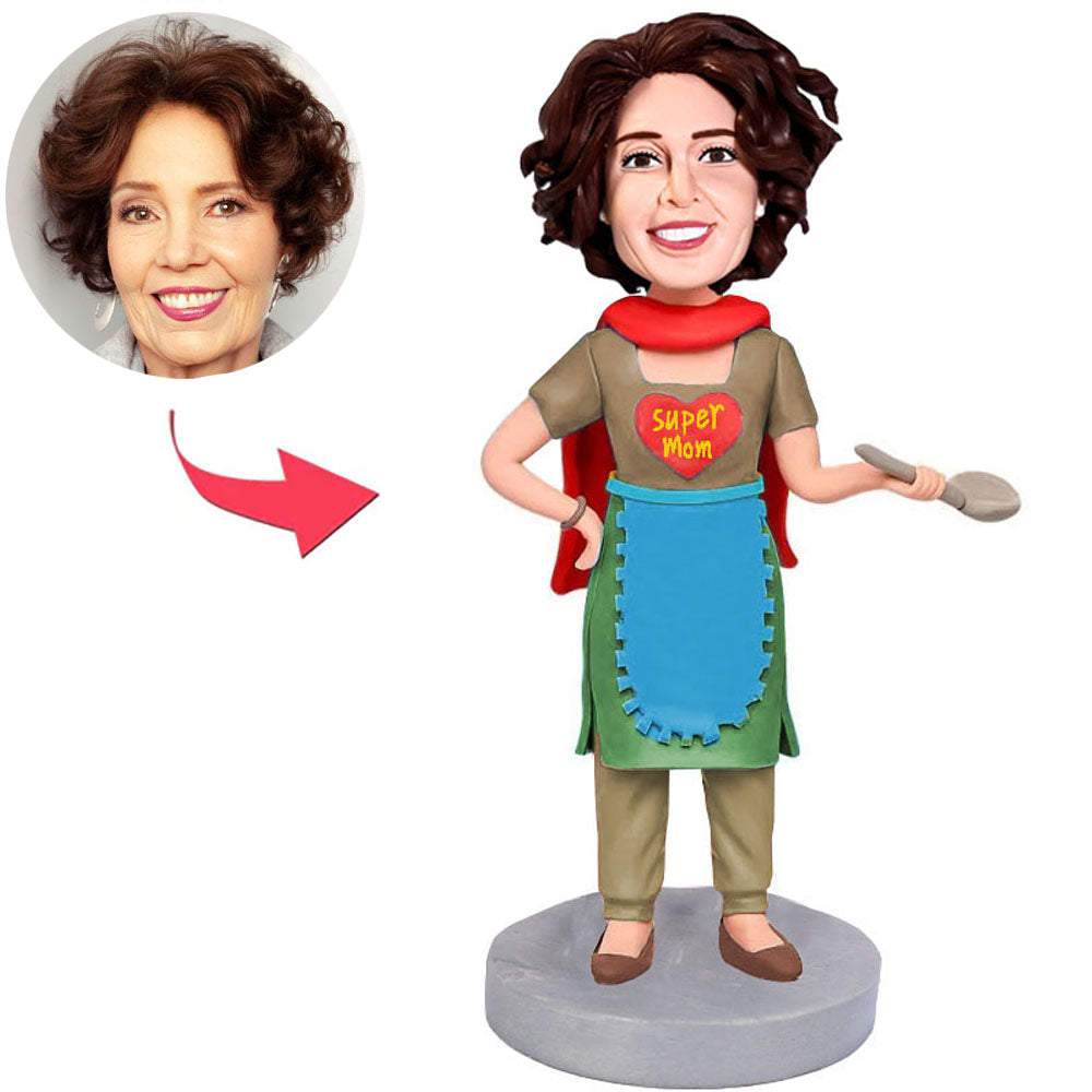 Super Mom in Apron Custom Bobbleheads With Text