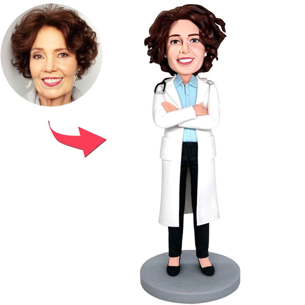 Female Doctor with Arms Folded Custom Bobbleheads Add Text